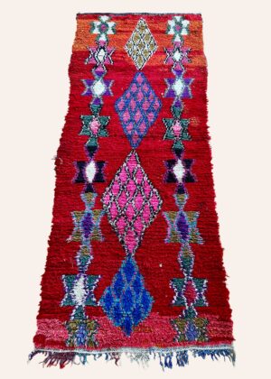 Vintage Boucherouite tæppe fra Marokko i rød, pink, blå og lilla